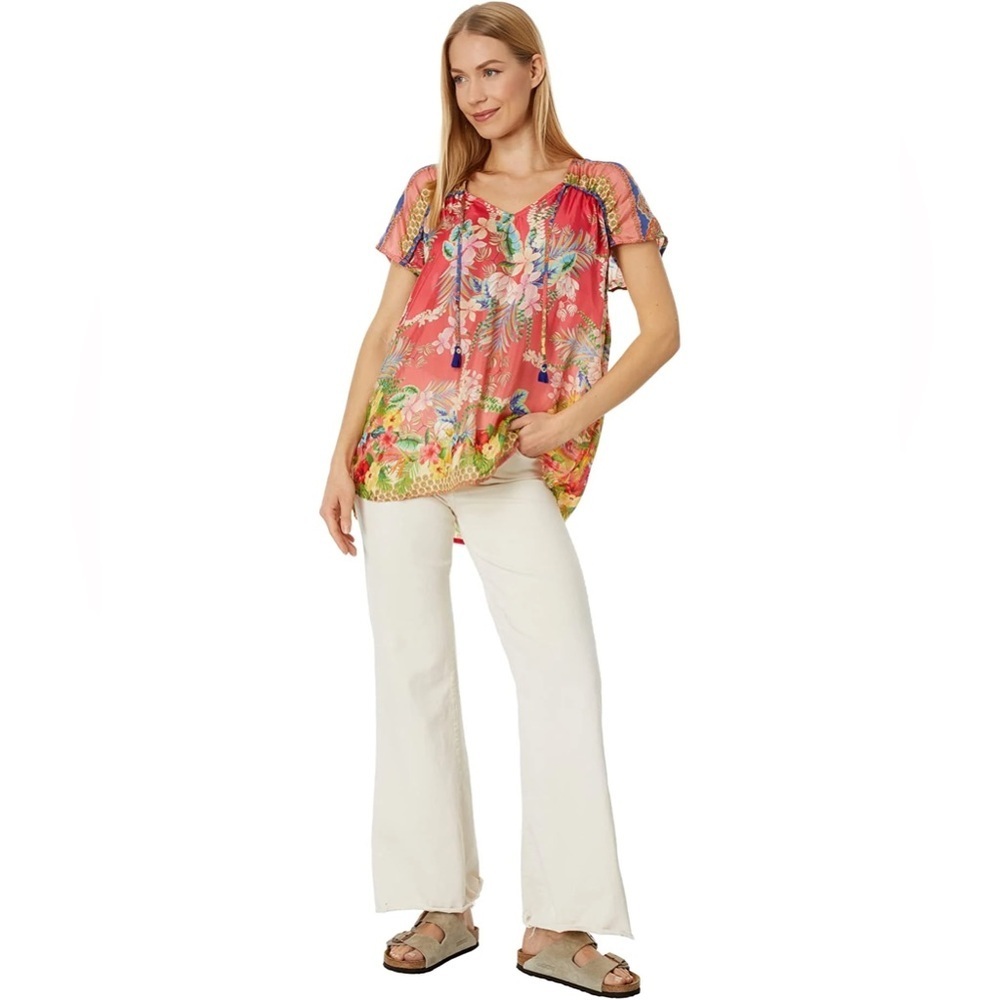 BNWT Johnny Was Rapsodia Arianna Tie Neck Boho Floral Silk Top Multi S $270 - Picture 3 of 7